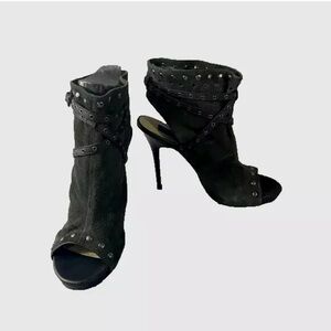 Jimmy Choo Charcoal Black Suede Studded Heels Ankle Bootie Sandals Size 40